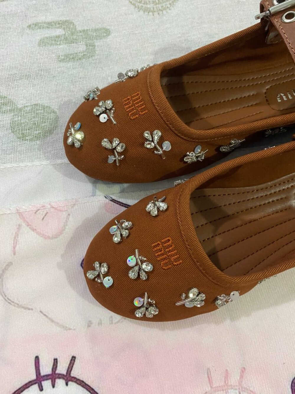 Miu Miu Embroidered Twill Ballet Mary Jane Flats - Picture 2 of 9